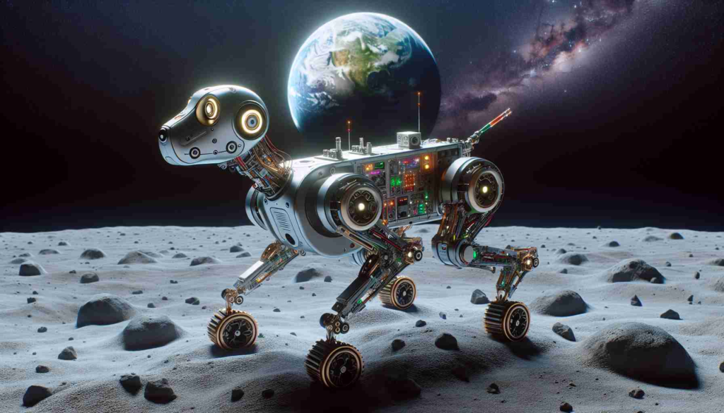 Generate a highly realistic, high-definition image of a conceptual robotic dog, dubbed 'Spirit', designed for space exploration, particularly lunar missions. The advanced robot should be depicted on a terrain mimicking the moon’s surface, undergoing training procedures. The design should represent features synonymous with NASA's engineering style. An earth-like celestial body should be visible in the distant backdrop, reminding viewers of the vastness of space.