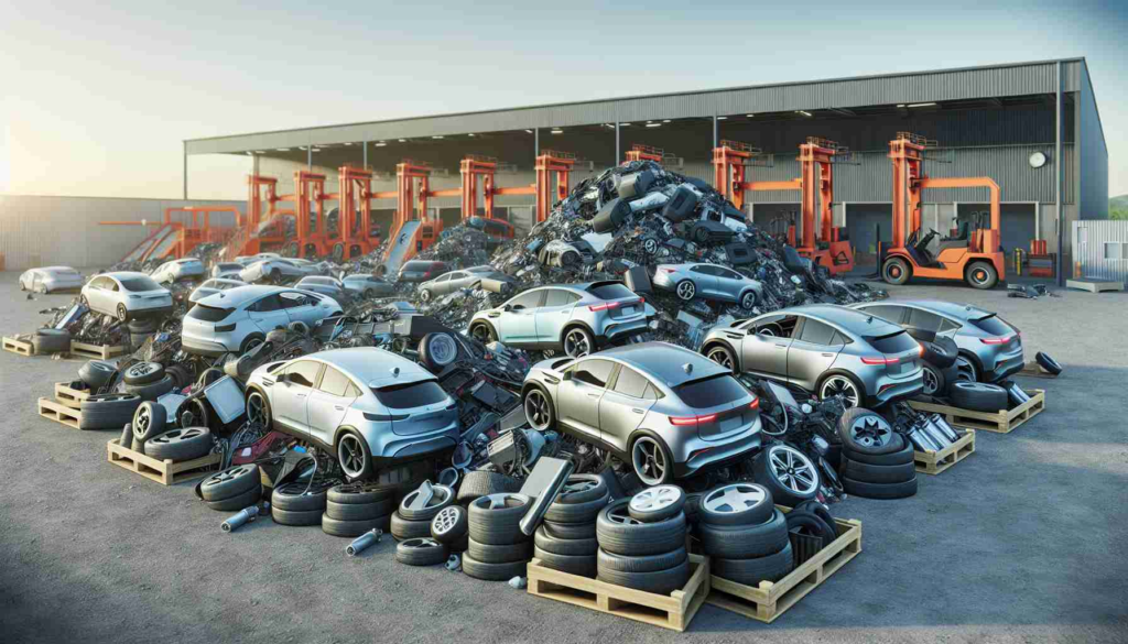 Generate a high-definition, photorealistic image of a group of electric vehicles, both new and old, being gathered for recycling. Show piles of worn-out tires, batteries, and other key electrical components waiting to be recycled, with the recycling facility in the background. This scene represents the challenge in repairing such cars, leading to a surge in recycling of electric vehicle parts.