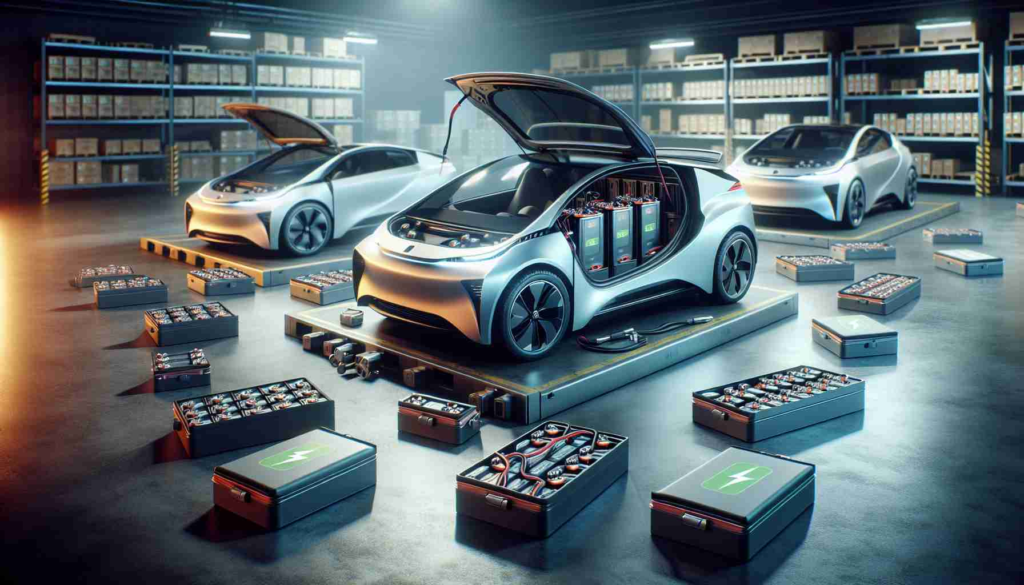 A realistic high definition image showcasing the concept of swappable batteries as a game changer in electric vehicle technology. The scene consists of innovative electric cars with visible battery compartments open for swapping. Each car can be of different models and sizes, marked by an electric charging symbol. Illustrate a pile of used batteries ready for recycling and a stack of new batteries available for exchange nearby. The texture of the batteries is metallic and compact. The setting is an advanced technology workshop with an atmosphere of revolutionary change.