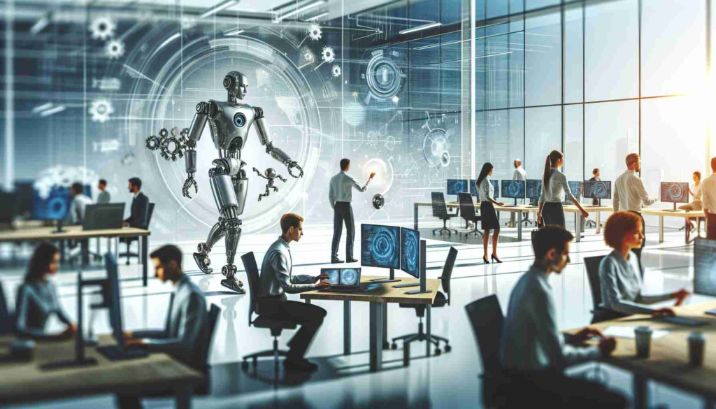 A high-definition, realistic image depicting the concept of technology company venturing into the field of robotics which symbolizes the new technological frontier. Please include a modern office environment with people of different gender and descent, exploring tech prototypes and computer data. Hint at the company's logo subtly, rendered in a sleek, minimalistic style.