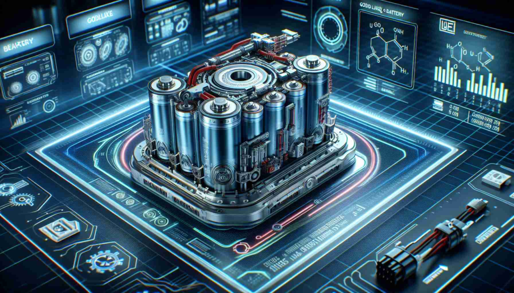 A realistic high-definition image of a futuristic, next-generation battery. This 'Godlike' battery has been designed to exceed the limits of current electric vehicle capabilities, marking a significant step forward in sustainable transportation. The image showcases the battery in all its technical glory, surrounded by electrical diagrams and user-friendly infographics that depict its overwhelming power capacity and extended range. All of this is set against the backdrop of a futuristic lab environment filled with cutting-edge tools and equipment.