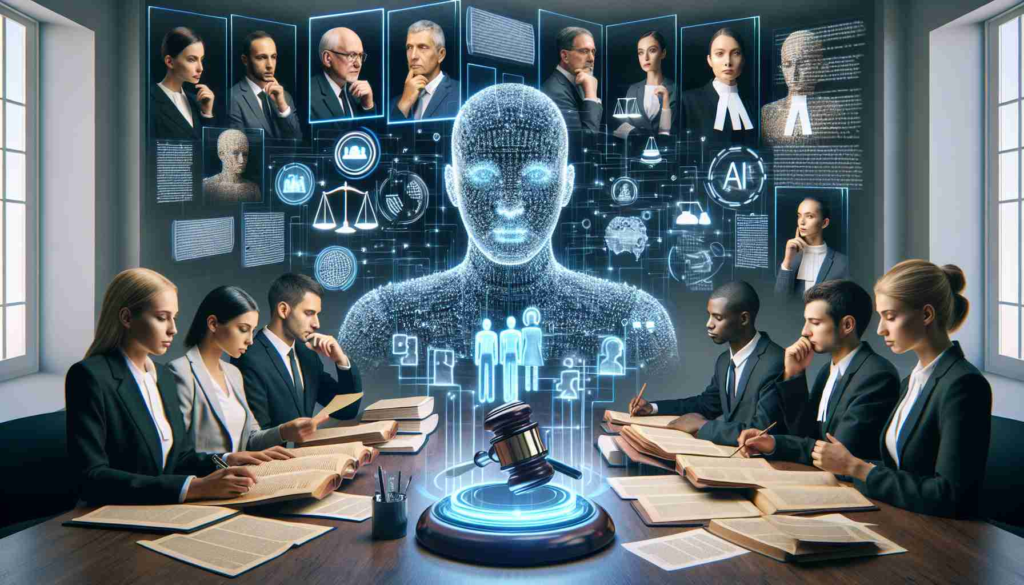 Generate a realistic high-definition image that visualizes the concept of artificial intelligence as an asset for legal professionals. Depict a varied cohort of lawyers, inclusive of diverse genders, races, and ages, thoughtfully handling legal documents in one section of the image. In another section, display a futuristic artificial intelligence terminal with legal symbols, a 3D holographic gavel, and paragraphs of law text floating on an interactive touchscreen. Make sure to show the lawyers interacting with the AI terminal, signifying the idea that AI is not replacing but complementing their work.