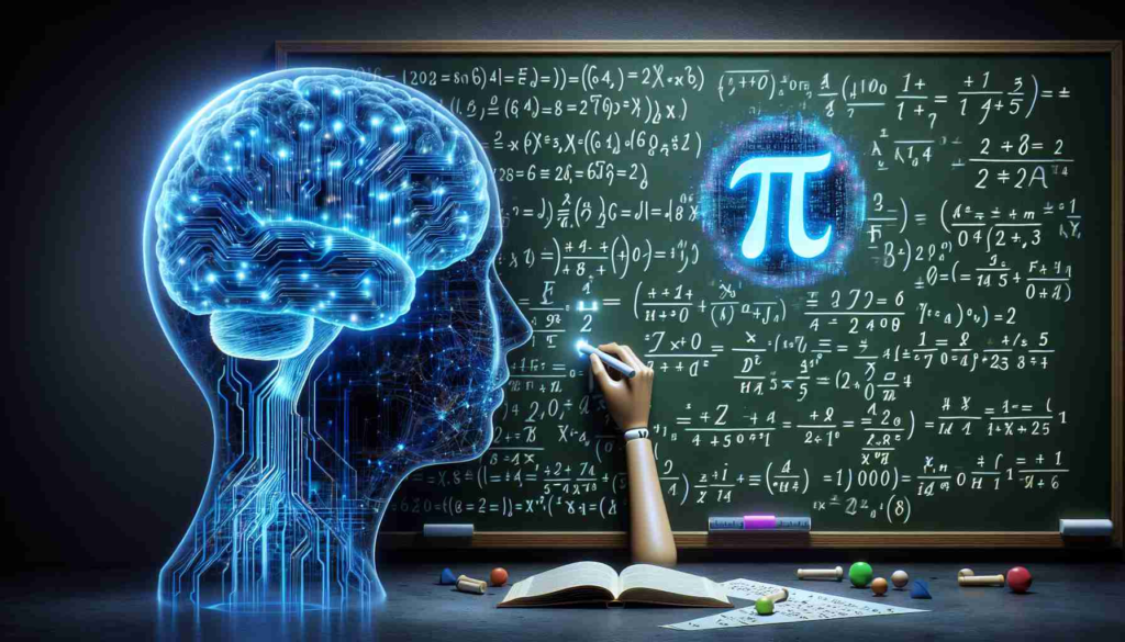 Create a realistic HD image symbolizing artificial intelligence outperforming humans in advanced mathematical problem-solving. Show a holographic blue AI brain juxtaposed against a traditional chalkboard filled with complex equations. The AI brain is illuminated with neon circuits connecting various calculation processes, and scrolling streams of numerical data. The chalkboard, in contrast, depicts a human hand struggling to write out complex math formulas. Also, include an AI's interpretation of Pi with 1000 digits in holographic display floating above the AI brain.