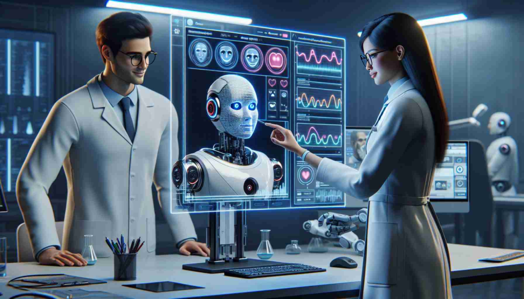 A high-definition realistic image rendering of a scene that showcases how human-robot interactions are revolutionized by emotive robotic technology. It showcases a South Asian woman, dressed as a scientist, tweaking the settings of a robot who is able to display human-like emotions on its electronic face. Next to them, a Caucasian man, also in a lab coat and glasses, is observing the robot's emotions on a large monitor. Various charts and graphs on the screen indicate the robot's emotional states.