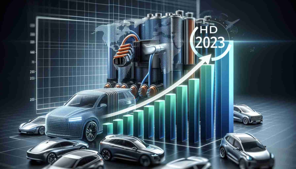 An HD image illustrating the robust growth in electric vehicle battery capacity in the year 2023. The image should have a detailed and lifelike bar graph in the foreground showing the significant increase in capacity over the years, with 2023 highlighted or circled to emphasize the substantial boost. The background should include a variety of electric vehicles that have benefitted from this advancement, visually representing different types of cars, SUVs, and trucks. The design should be modern and sleek to reflect the cutting-edge technology involved in electric vehicle battery development.