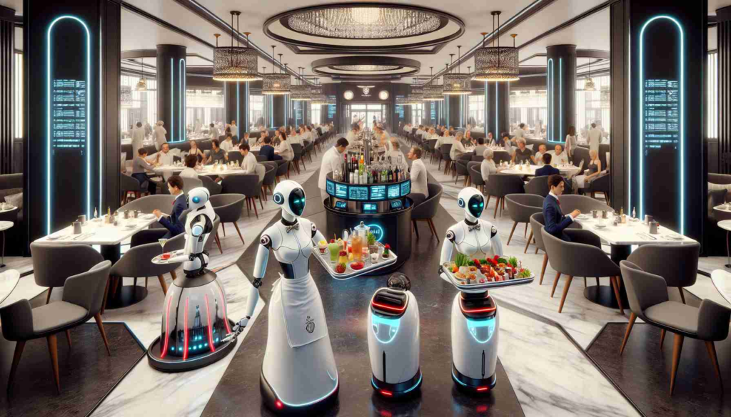 A detailed, high-definition image of a futuristic scene encapsulating the shift towards automation within the hospitality industry. Visualize robots in waitress attire, carrying trays filled with a variety of refreshments, navigating around a high-tech dining establishment filled with guests. There are also robots at the reception desk, managing bookings and greeting customers with a cheerful electronic display. The dining area merges classical design elements with the sleek, metallic sheen of the robots, underscoring the blend of tradition with innovation. The robots' design incorporates bright red accents, highlighting their primary role in the service.