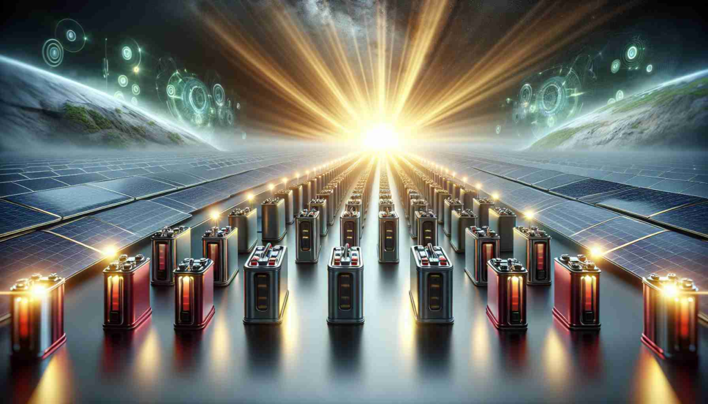 A high-definition, realistic rendering of a symbolic scene representing the dawn of a new era in electric vehicle battery innovation. The scene might include a sunrise with rays of light illuminating an array of advanced batteries lined up. Let the electric vehicle batteries showcase a diverse range in terms of size, color and design. Incorporate concepts of freshness, renewal and advanced technology, such as holograms and futuristic instruments, to signify the breakthrough in the technological landscape.