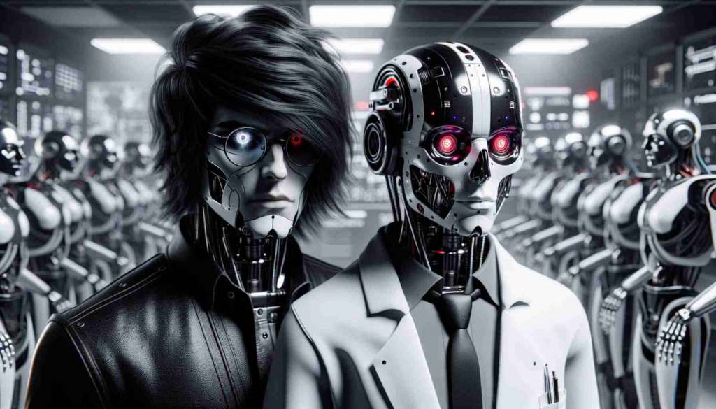 A high-definition, photorealistic image showing pioneers of emotional intelligence in robotics. They are conceptual characters covered in monochromatic tones, reminiscent of the emo subculture. Two figures can be seen, on the left is a robotic scientist, a Caucasian male with thick rimmed glasses, darkly dressed, his hair in a classic emo style: longer on one side and swept across the face. On the right is a human-like robot with noticeable red and bluish lights suggesting it is capable of experiencing various emotional states. They exist in a lab environment, surrounded by machines and hardware.