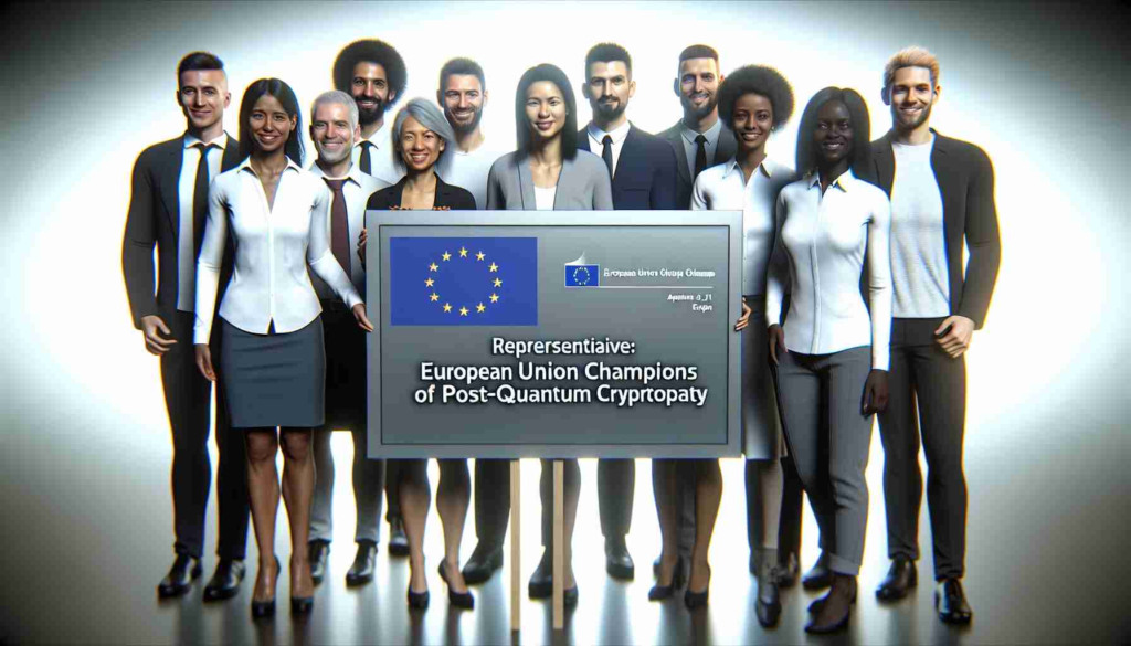 A realistic high-definition image of a representative team labeled as European Union champions in the field of Post-Quantum Cryptography, proudly standing representing their achievement in enhancing cybersecurity. The team consists of a diverse mix of genders and descents, including Caucasian, Hispanic, Black, Middle-Eastern, and South Asian individuals, all wearing professional attire and a confident smile, symbolising their triumph in this niche field.