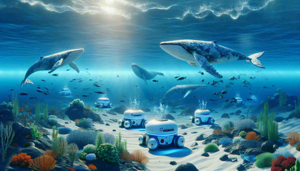 A realistic, high-definition picture of innovative whale research conducted with ethical robotics. The scene includes robotic underwater vehicles, designed with advanced technology, observing the natural behavior of various whale species in their habitat. The robots are unobtrusive, causing no harm or stress to the marine life. Their design also indicates adherence to environmental sustainability principles. The ocean's depths are visible with a representative variety of marine flora and fauna, symbolizing the balance in nature. The image should illustrate the progress and potential benefits of humane, tech-advanced research methods in understanding and conserving marine life.