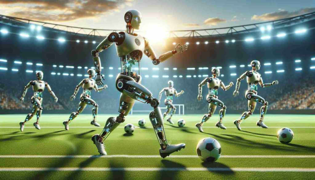 A high-definition, realistic image showcasing innovative training techniques that are being employed to equip soccer robots with agility resembling that of humans. The scene features robots actively engaged in a variety of soccer drills on a lush green football pitch, embodying aspects like quick response, adept ball control, precise movements, and sophisticated coordination found in professional human soccer players. As the sun glows in the background, casting long shadows, the image embodies future tech with a juxtaposition of robotics and sports, all while maintaining the thrilling emotion of the game.