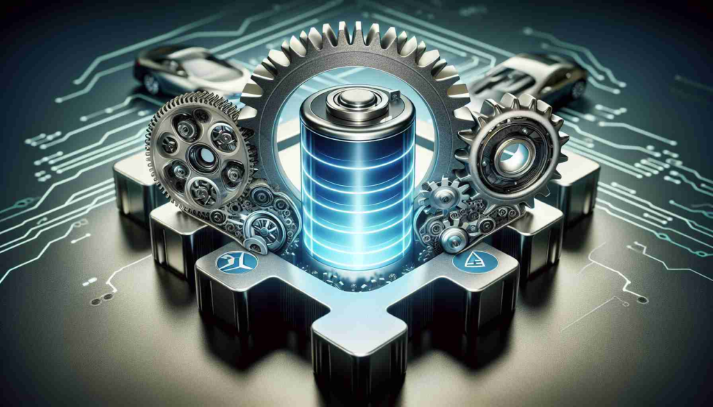 Detailed, high-definition photo of a symbolic merging between two generic automotive companies, represented by the interlocking of two metallic gears, one with the logo of a fictional automobile manufacturer and the other with a fictional electric vehicle technology company. Behind the gears, an illustration of an advanced electric vehicle battery, glowing with a soft blue hue to symbolize the future of electric mobility.