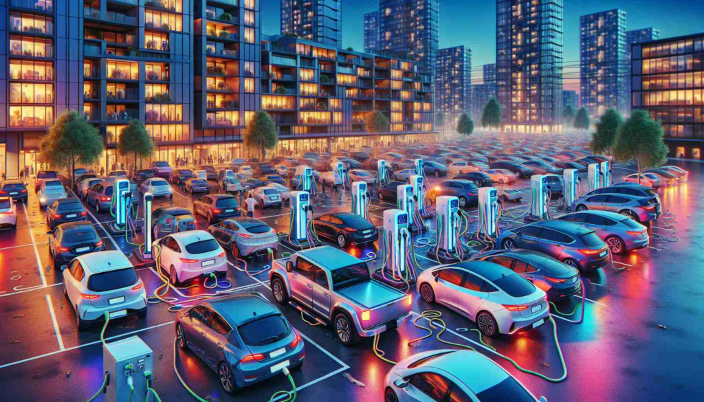 Generate a detailed and realistic HD image of a typical scenario showing the challenges of electric vehicle charging within renting communities. Illustrate a crowded parking lot in an apartment complex with a number of electrical cars, struggling to access a limited number of charging stations. Use vibrant colors to highlight the stressed infrastructure such as tangled cables, long queues of cars, and residents negotiating for their turn. The environment should resemble a common urban residential area during the peak evening hours.