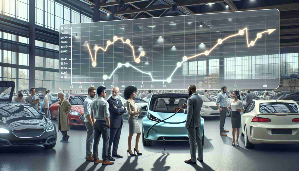 High-definition realistic image showing the changing value of electric vehicles in the pre-owned market. The image should depict a line graph tracking the change in value over time, a variety of used electric cars in the background, and potential buyers and sellers interacting. Ensure diversity in the depicted individuals. For instance, show a mid-age Caucasian man discussing with a young South Asian woman over the car's features. Also, show an older Black man showcasing a vehicle to a young Middle-Eastern woman. Place a diverse crowd in the background, exploring different electric vehicles.