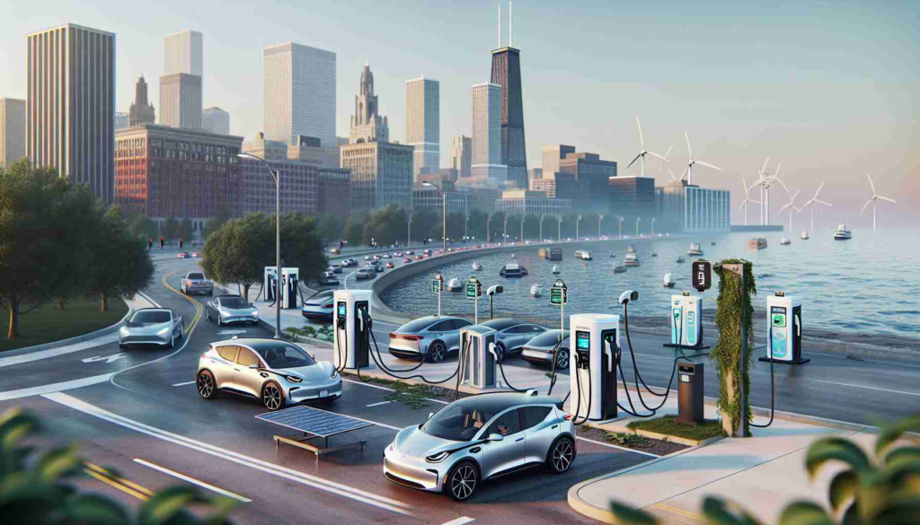 A realistic, high-definition image of the Illinois accelerated electric vehicle infrastructure expansion. The scene includes several electric vehicle charging stations situated around the state, all technologically advanced and eco-friendly. Some of these stations are situated in urban downtown areas, while others are in more suburban or rural locations. There should be electric vehicles of various models and colors plugged into the charging stations. In the distance, one can see wind turbines and solar panels contributing to the renewable energy supply powering this infrastructure.