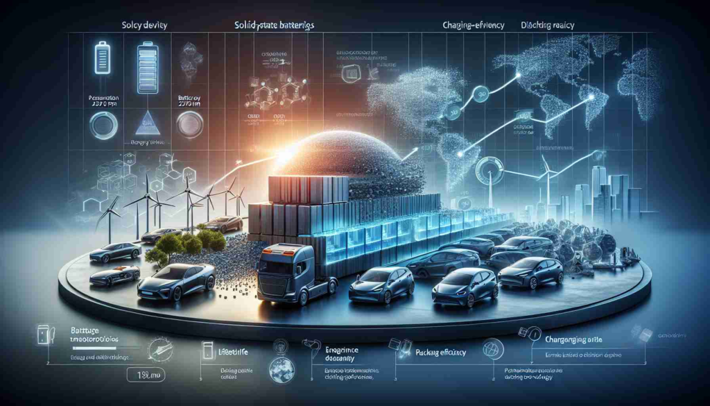 A high-definition image elucidating the rise of solid-state batteries in the context of electric vehicle evolution. Picture a timeline showing the transition from traditional fossil-fuel-based vehicles to the adoption of cutting-edge electric technology. Highlight the shift from old battery technologies to the advent of solid-state batteries. Infographics representing battery architectures and comparison between performance metrics such as energy density, lifetime, packing efficiency, charging and discharging rates. The scene should also illustrate a backdrop highlighting charging infrastructure development and imagery symbolising global sustainable development.