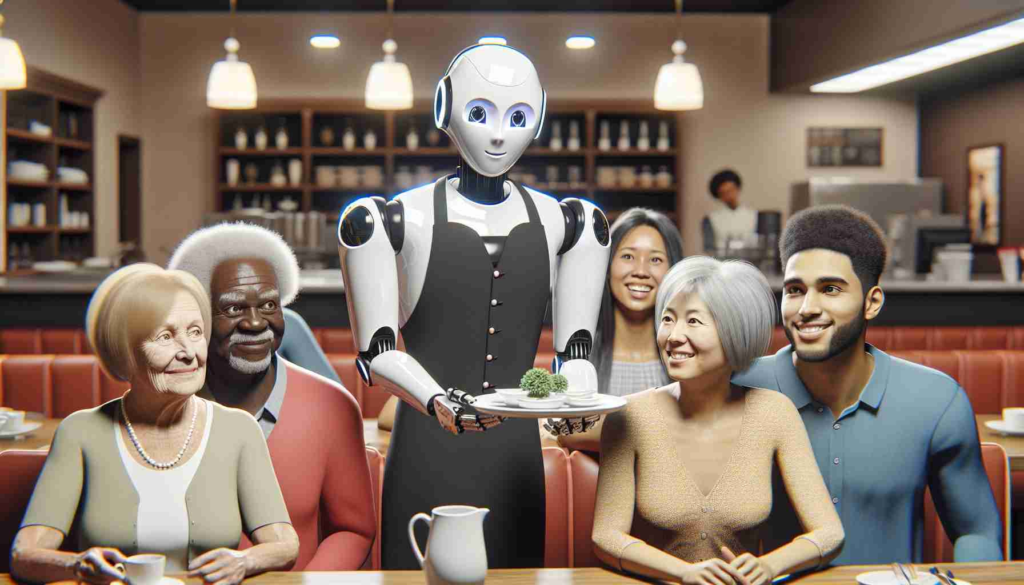 Realistic, high-definition image of a robotic waitstaff providing service inside a restaurant. The patrons should demonstrate a variety of reactions to this high-tech service. For instance, an elderly Caucasian woman looks intrigued, a young Black man expresses cautious optimism, while a Middle-Eastern child appears joyfully excited. There is also a mixed-aged pair of Hispanic females, one looking slightly amused while the other appears somewhat sceptical.