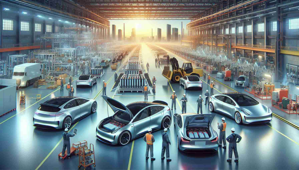 Picture an all-inclusive panorama of the progressive transformation in the electric vehicle industry. Display a plethora of advanced electric cars in the foreground, their sleek bodies impeccably polished. They should gleam against a backdrop of high-tech manufacturing buildings and stacks of solid-state batteries prepared for installation. To the side, one of the EVs, with its hood open, reveals a solid-state battery in place of the traditional one. Exhibit people of different descents, such as Caucasian and Southeast Asian, and varied genders, wearing safety gear and discussing plans. Emphasize the high-definition quality, vivid colors and realistic portrayal of this scene.