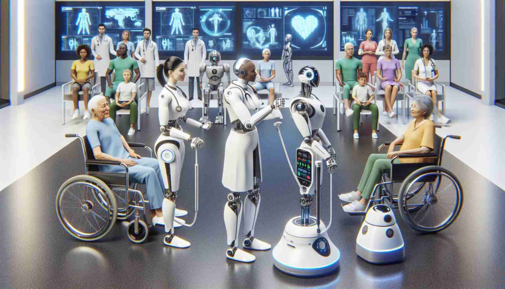 A high-definition, photorealistic image showing a futuristic scene of personalized healthcare robots providing medical attention. There are robots of various shapes and sizes attending to human patients of different ages, genders, and descents such as Caucasian, Hispanic, Black, Middle-Eastern, South Asian, White. The robots are displaying a range of human-like traits, making them feel more personalized. In the foreground, there's a robotic nurse, expressing empathy while attending to a patient. On the side, a self-driven robot wheelchair is helping a patient. On the background, there's a text in bold that reads 'Study Shows People's Preference for Personalized Robots in Healthcare'.