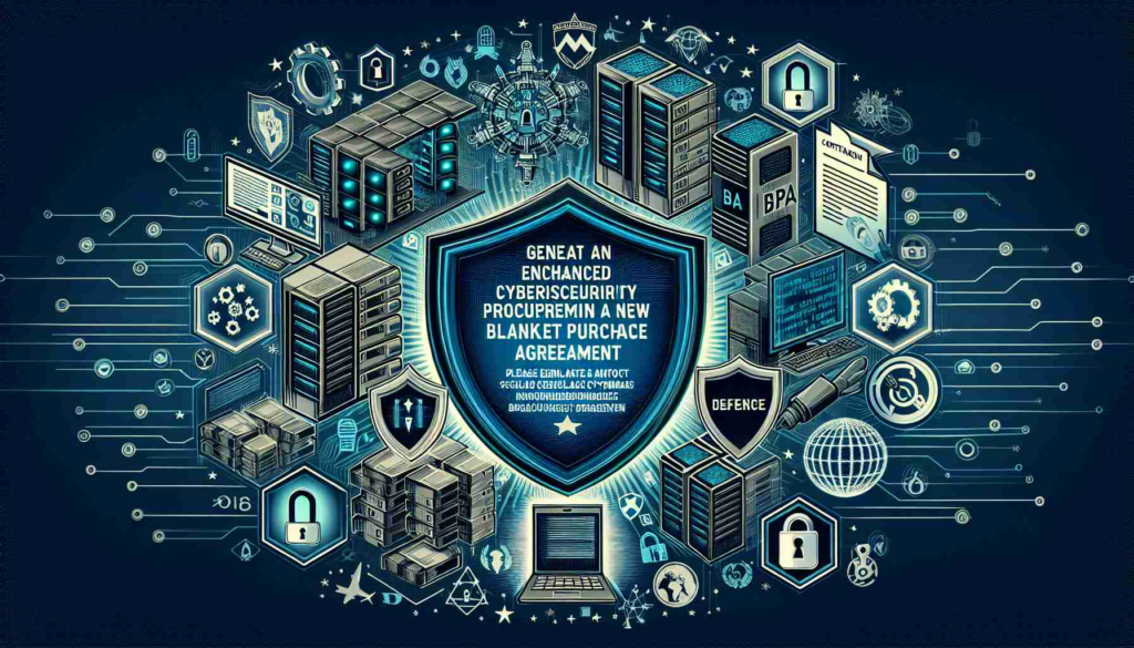 Generate an image demonstrating the concept of enhanced cybersecurity procurement for a nation's defense department through a new BPA Initiative. The image should have a high-definition realistic look. The focal point could include elements such as digital locks, secured servers, network security illustrations, abstract depictions of cyber threats, and shields representing defense. Additionally, include elements that could symbolize a BPA (Blanket Purchase Agreement) like a contract or procurement documents. Please avoid symbols specific to any country.