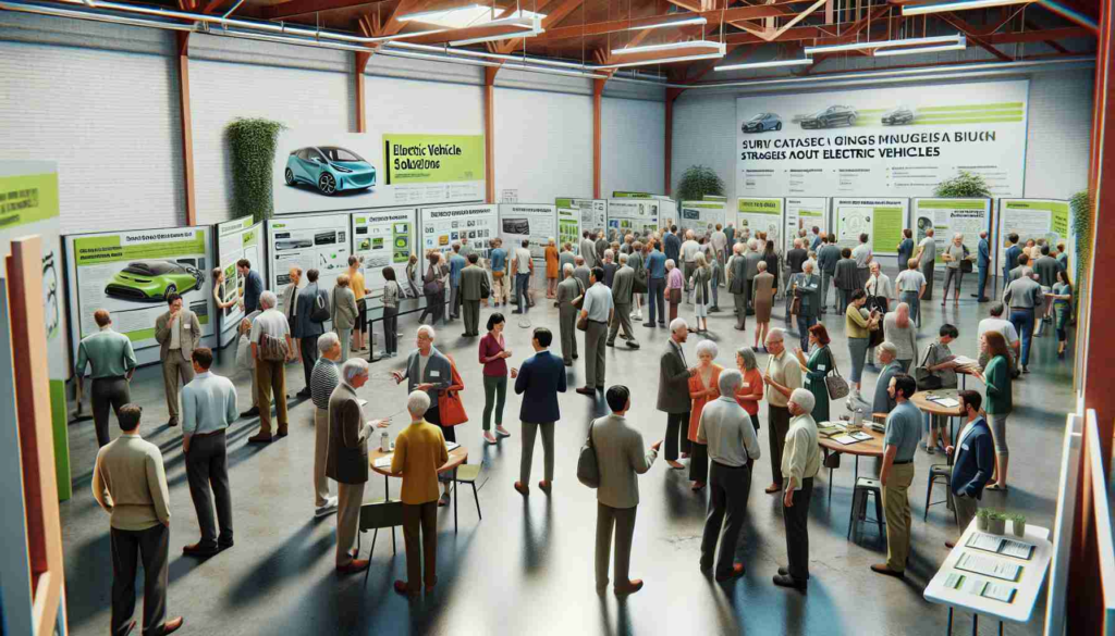 A high-definition, realistic photograph showcasing a public open house event to discuss strategies about electric vehicles. The scene takes place in a large, well-lit hall filled with guests of various ages and descent such as Caucasian, Asian, Hispanic, and Middle-Eastern. Men and women interact, engaging in thoughtful discussions and pointing at information exhibits. Posters detailing electric vehicle solutions hang on the walls, while pamphlets and brochures are laid out on tables. The atmosphere is vibrant, highlighting the community's interest and dedication towards green practices in the city resembling Fargo.