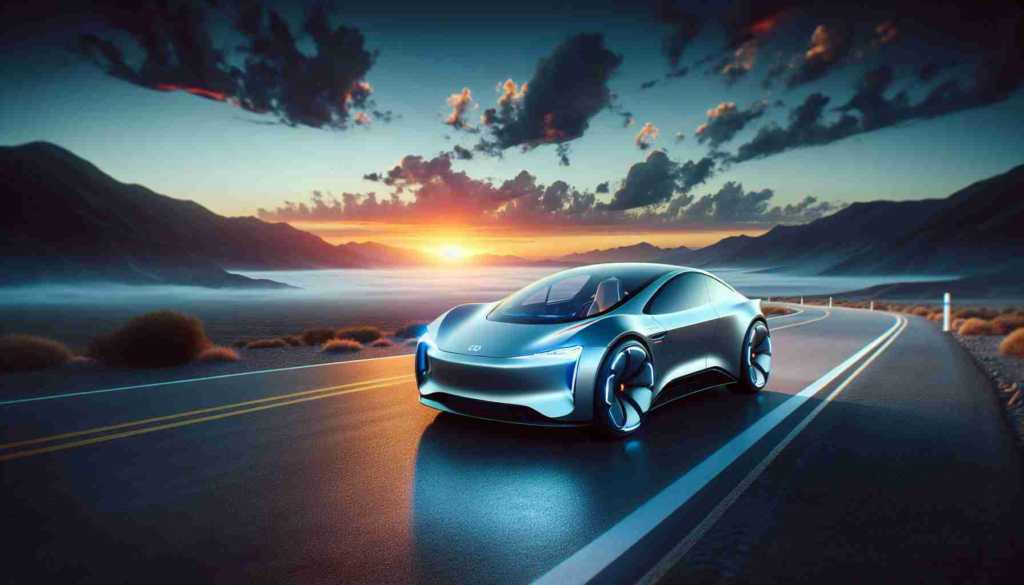 Create a high-definition image that embodies the concept of 'Electrifying Dreams.': Show a sleek, futuristic electric vehicle designed for long distances on a flat road that stretches into a horizon filled with majestic sunsets. This car displays innovative design features that suggest its potential for high endurance and excellent performance. Don't forget to capture the electric essence of the vehicle, perhaps with visible power cells or a plug-in charge point, underlining its connection to the dream of sustainable transport.