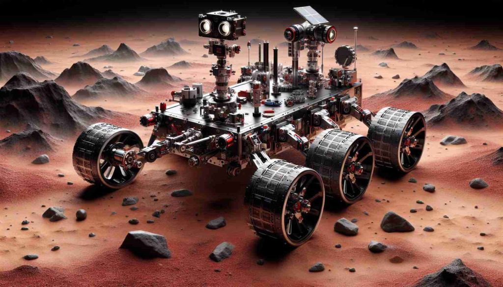 A realistic high-definition image of an advanced student-designed Mars Rover, originating from Hawaii, prepared for a prestigious robotics competition. The rover is equipped with various tools for maneuvering and scientific exploration, with details reflecting the creativity and innovation of the young engineers. The Mars-like terrain, marked with red sandy grounds and jagged rocks, could also be included in the background to enhance the concept of a Mars mission.