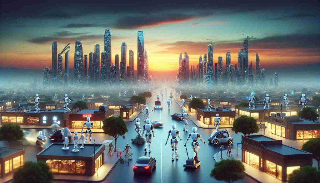 Realistic high-definition image portraying a concept of the rise of robots: represent this with a landscape where elements of traditional society are progressively being replaced by futuristic AI machines. Show this change by depicting a vibrant cityscape at dawn, with machine learning-powered robots performing different activities. These activities can range from simple tasks like sweeping the streets, to complex ones like piloting autonomous vehicles. The change is not chaotic but organized, a reshaping rather than a disruption of the world. The skyline subtly transforming from traditional to futuristic architecture, symbolizing the shift brought about by the mastery of machine learning by AI.