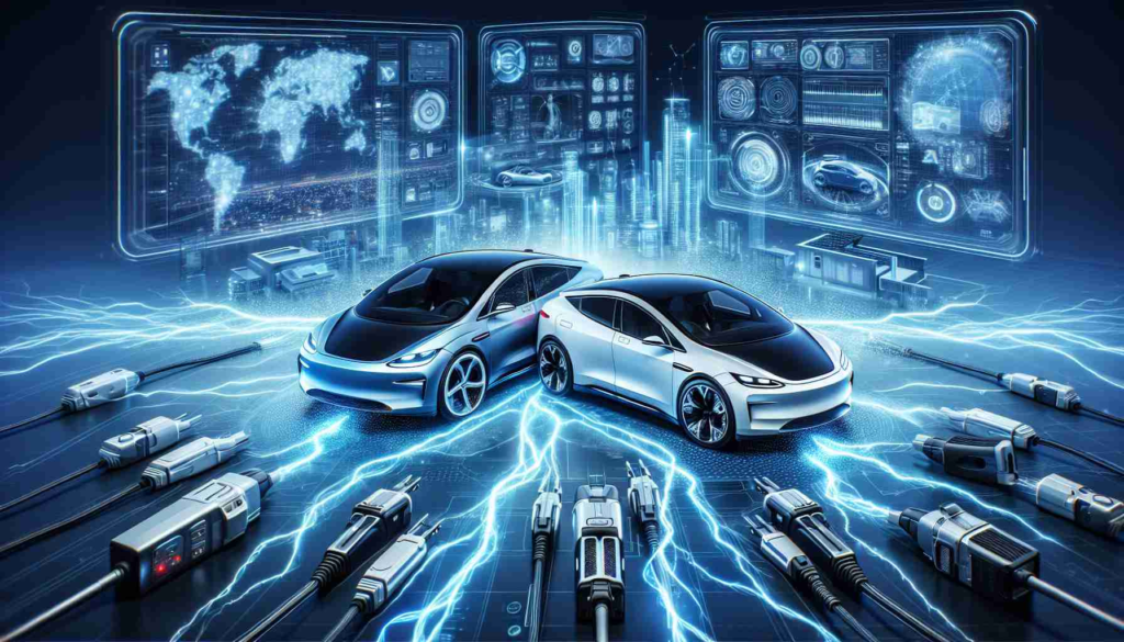 High-definition, realistic image illustrating the concept of innovation in electric vehicle technology. Depict two unidentified, non-branded modern electric vehicles dominating the foreground, symbolizing the strategic alliance. They should be surrounded by elements indicative of advanced technology, such as sophisticated equipment, digital interfaces, high-tech labs, and futuristic cityscapes. Hyperspace blue electricity should weave between the cars, embodying their energetic connection and harmony.