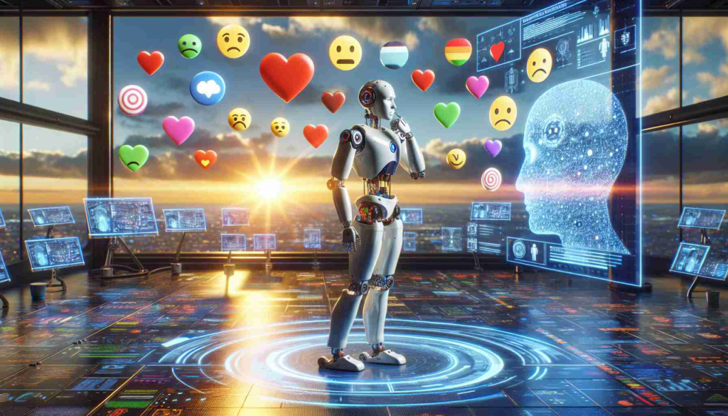 Generate a realistic, high-definition image illustrating the concept of Emotional Intelligence in Robotics. The scene could include a humanoid robot in a thoughtful pose, demonstrating its capability of understanding emotions, with various colorful emotion icons (such as happiness, sadness, anger, love, etc.) floating around it. The robot can be standing in a futuristic lab surrounded by advanced gadgets and holographic screens displaying complex artificial intelligence algorithms and data analytics. A rising sun in the backdrop through a large glass window can symbolize the rise of this new era in robotics.