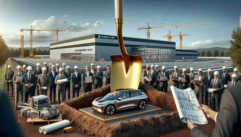 A realistic high resolution photo capturing the groundbreaking moment of a pioneer battery factory in Germany. This significant factory is set to power the future of electric vehicles. There is a perspective of the golden spade thrust into the earth, symbolizing the start of construction. German workers, a mix of men and women from various descents such as Caucasian, South Asian, and Middle Eastern, are present, wearing hard hats and holding blueprints. A sleek electric car model and an architectural model of the factory are on a table nearby, showcasing what this factory will bring to the future.