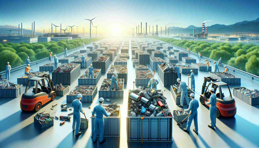 A high-definition, realistic image showcasing the bright horizon of electric vehicle battery recycling. The scene might include workers of varying descents and genders efficiently sorting and processing various types of electric vehicle batteries. Some batteries are being disassembled, others are being crushed, and others are being smelted for their valuable metals. The background showcases the promising future: clean energy sources, green landscapes, and cutting-edge recycling facilities.