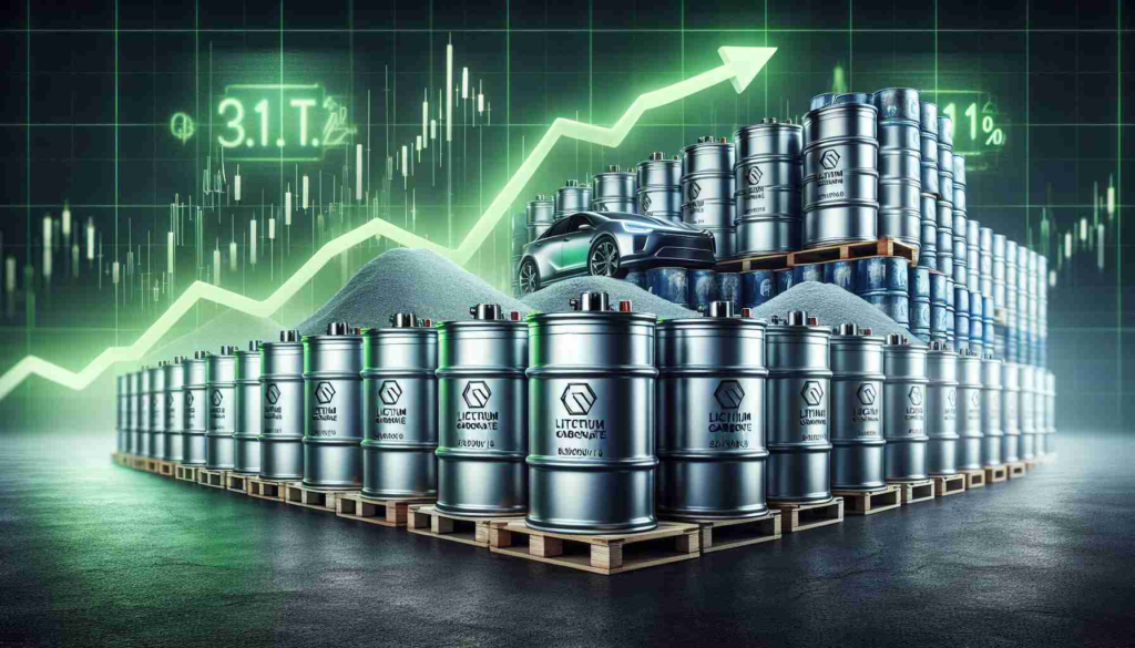 Imagine a high-definition, photorealistic view of the electric vehicle battery market gaining stability. Focus on stacks of large, polished batteries stamped with electric vehicle logos staged against a backdrop of fluctuating market graphs glowing green. Fading into the background are barrels labeled 'Lithium Carbonate', illustrated with increasing price tags. The scene symbolizing a link between the lithium carbonate price recovery and the stabilization of the electric vehicle battery market.