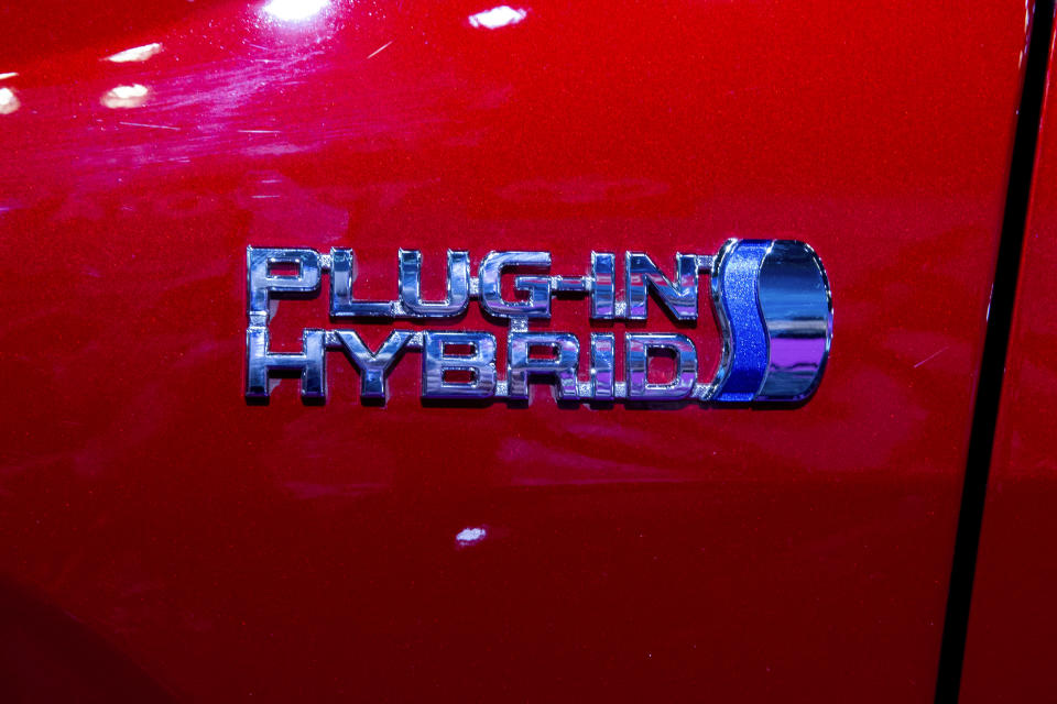 A Toyota Rav4 Prime Plug-In Hybrid vehicle is at the New York International Auto Show in New York on Saturday, March 30, 2024. (AP Photo/Ted Shaffrey)