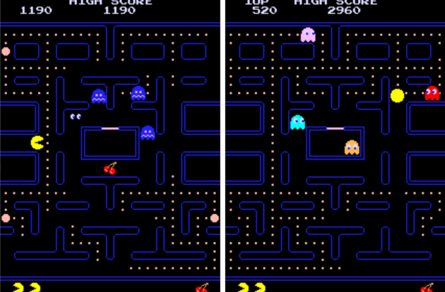 When Pac-Man gobbles up a bonus, the ghosts become blue and elusive, as they can be eaten (left screen).