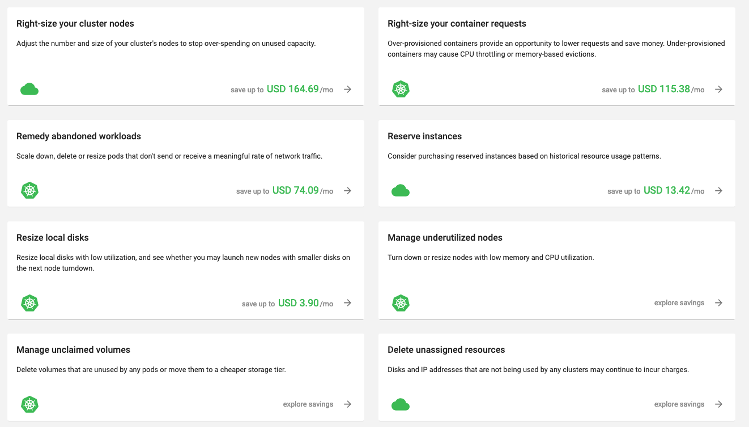 Kubecost dashboard options screen with how to right-size your cluster nodes and container requests. Other options include recommendations to remedy abandoned workloads, reserve instances, resizing local disks, managing under-utilised nodes, unclaimed volumes and delete unassigned resources.