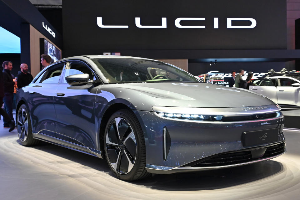 GENEVA, SWITZERLAND - FEBRUARY 26: A Lucid Air Pure fully electric EV car is displayed during the Geneva Motor Show 2024 at Palexpo on February 26, 2024 in Geneva, Switzerland. The 2024 Geneva Motor Show opens today for the first time in five years. The event last took place in 2019 with the coronavirus pandemic forcing organisers to cancel the 2020 show just days before the show was due to open. This year’s Show will be a smaller affair with just four major manufacturers confirmed to attend.  (Photo by John Keeble/Getty Images)