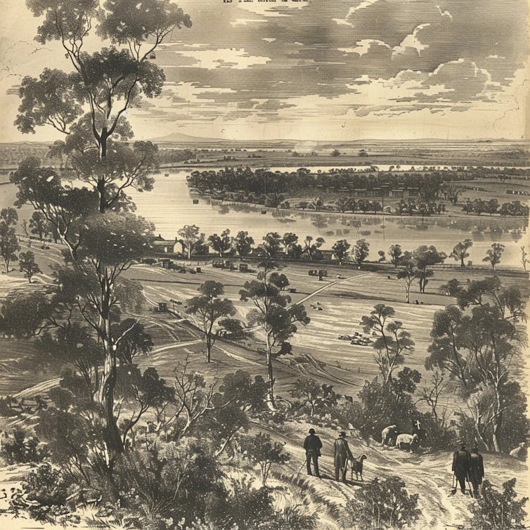 A sepia coloured drawing of a harbour and fields dotted with trees.