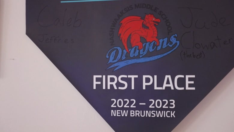 A banner with a dragon logo on it. It reads "First Place 2022-2023 New Brunswick"