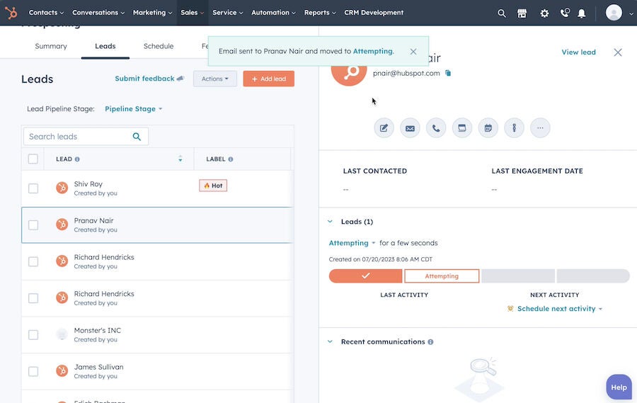 An example of HubSpot's lead management system.