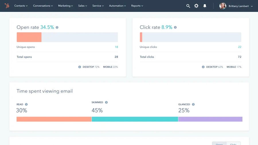 An example of HubSpot's email campaign A/B testing and analytics feature.