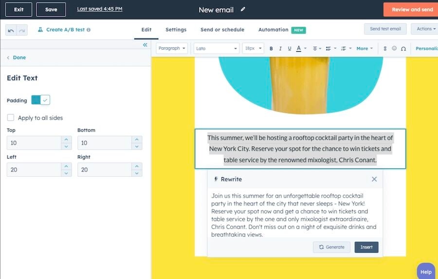 An example of HubSpot's AI-powered email writer tool generating an email copy.