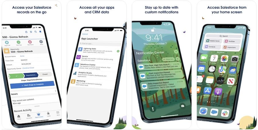 Several iOS mobile devices displaying the Salesforce app on the screen.