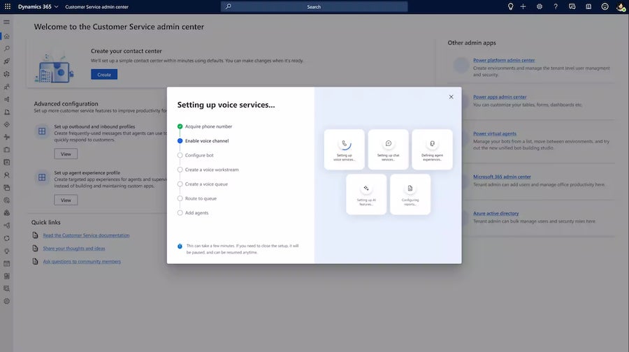 An example showing how to set up Microsoft Dynamics 365 Customer Service contact center.