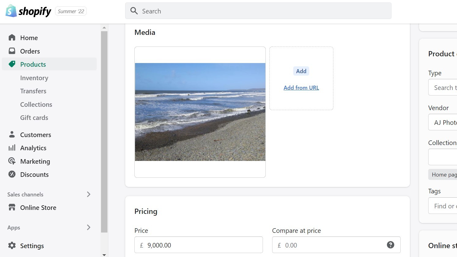 Products being created in Shopify interface, including print of sea breaking against the shore