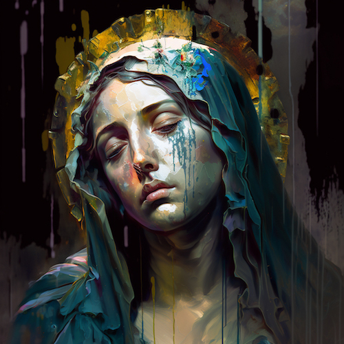 "Our Lady of Sorrows" April 3, 2023. Among some other prompts that Julian Ahlquist said he experimented with for generating images for Our Lady of Sorrows, the prompt he typed in for this image was "photorealistic our lady of sorrows impressionism." Among the set of four images that Midjourney produced, he found this one to be by far the best, and it is still one of his favorites.