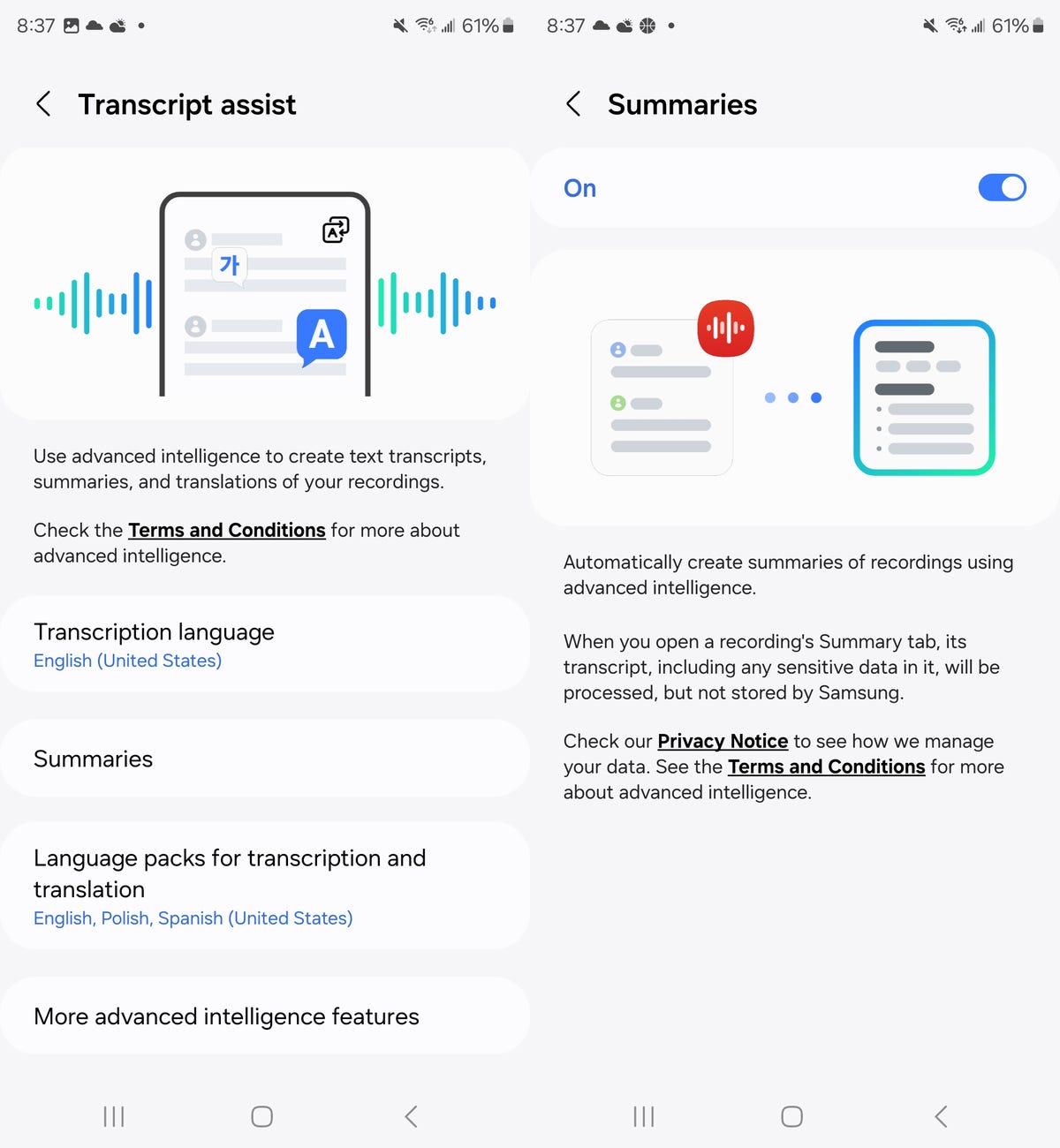 Transcript assist setting on the Galaxy S24