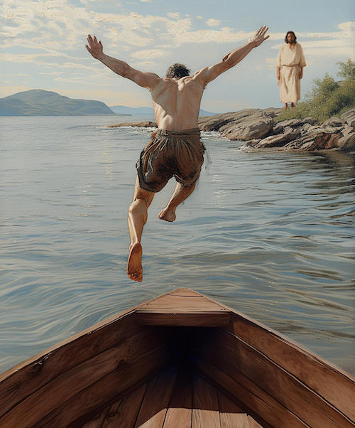 This image made by Father Timothy Sandquist using Midjourney shows St. Peter flinging himself into the sea, per John 21.