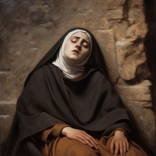 A depiction of St. Teresa of Avila in mystical prayer. Father Timothy Sandquist made this image in May 2023, using Midjourney with several other images that formed a series depicting the life of St. Theresa of Avila. "She is one of my favorite saints," he said. |