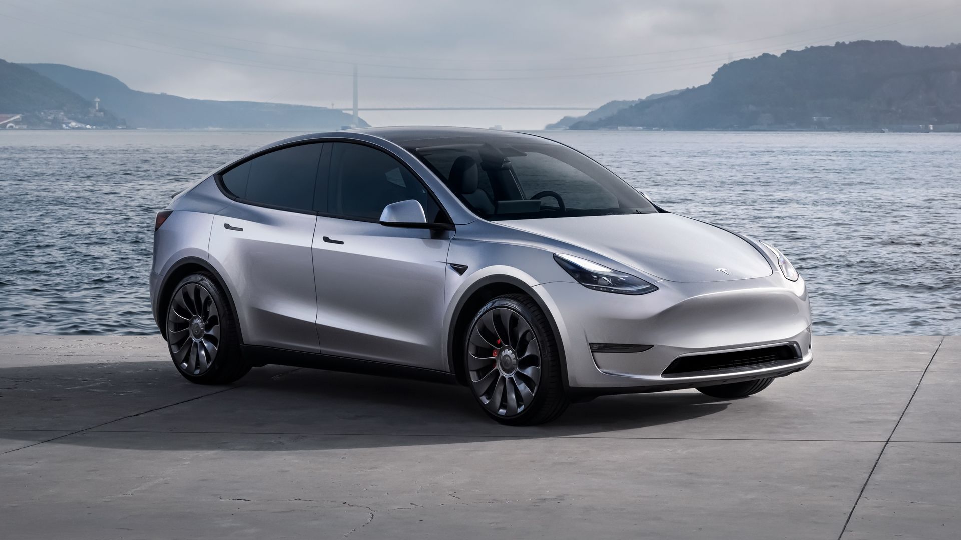 Silver Tesla Model Y front-quarter